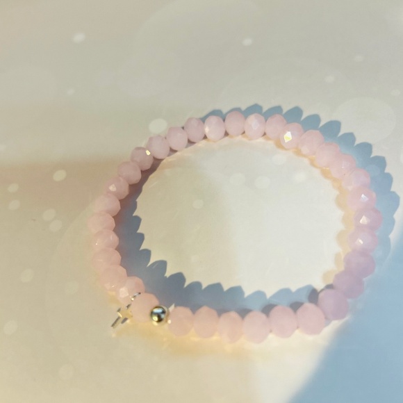 Light Pink Crystalline Glass Beaded Bracelet 6.5" .925 silver closure&tiny cross - Picture 1 of 5